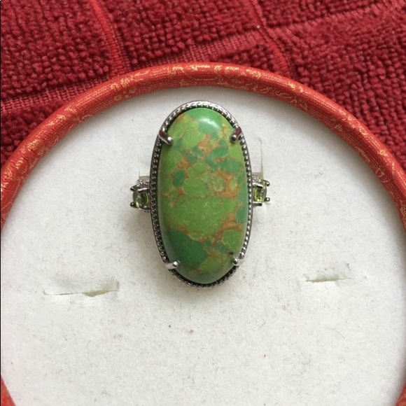 Mojave Green Turquoise/Peridot Earrings/ Ring Set 925 -  14K Goldplated. - Picture 14 of 17